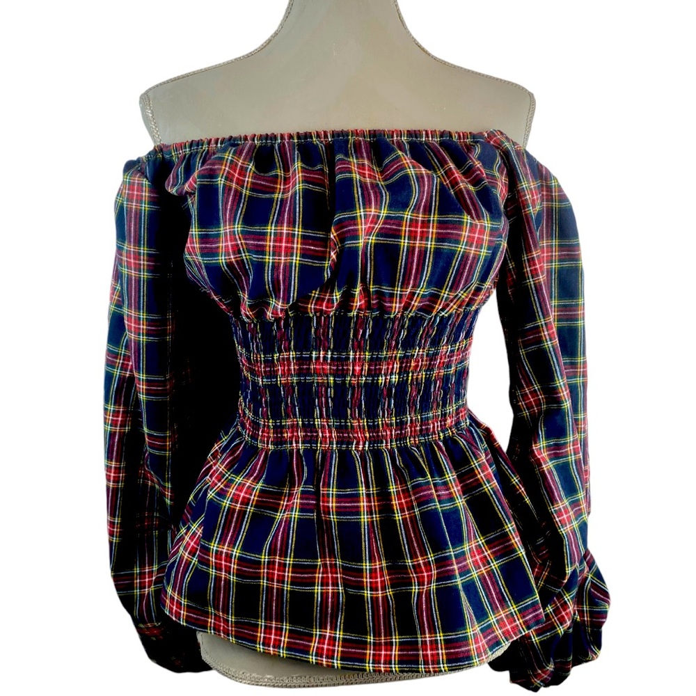 Favlux Tartan off Shoulder Lantern Ruched Sleeves Elastic Waist Blouse Medium